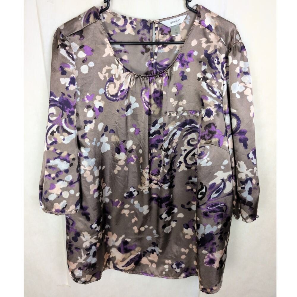 CJ Banks grey and purple floral satin top Size 2X Glam Boho Retro Romantic